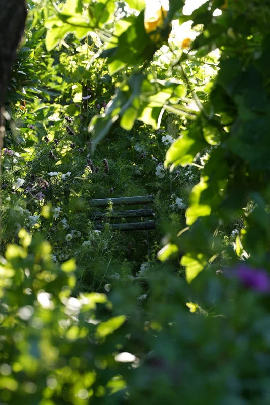 Doorkijkje naar tuinbank in weelderige bloementuin - tuinontwerp Woerdense Verlaat